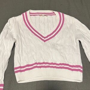 Olivaceous White Sweater with Pink Stripes V-Neck
